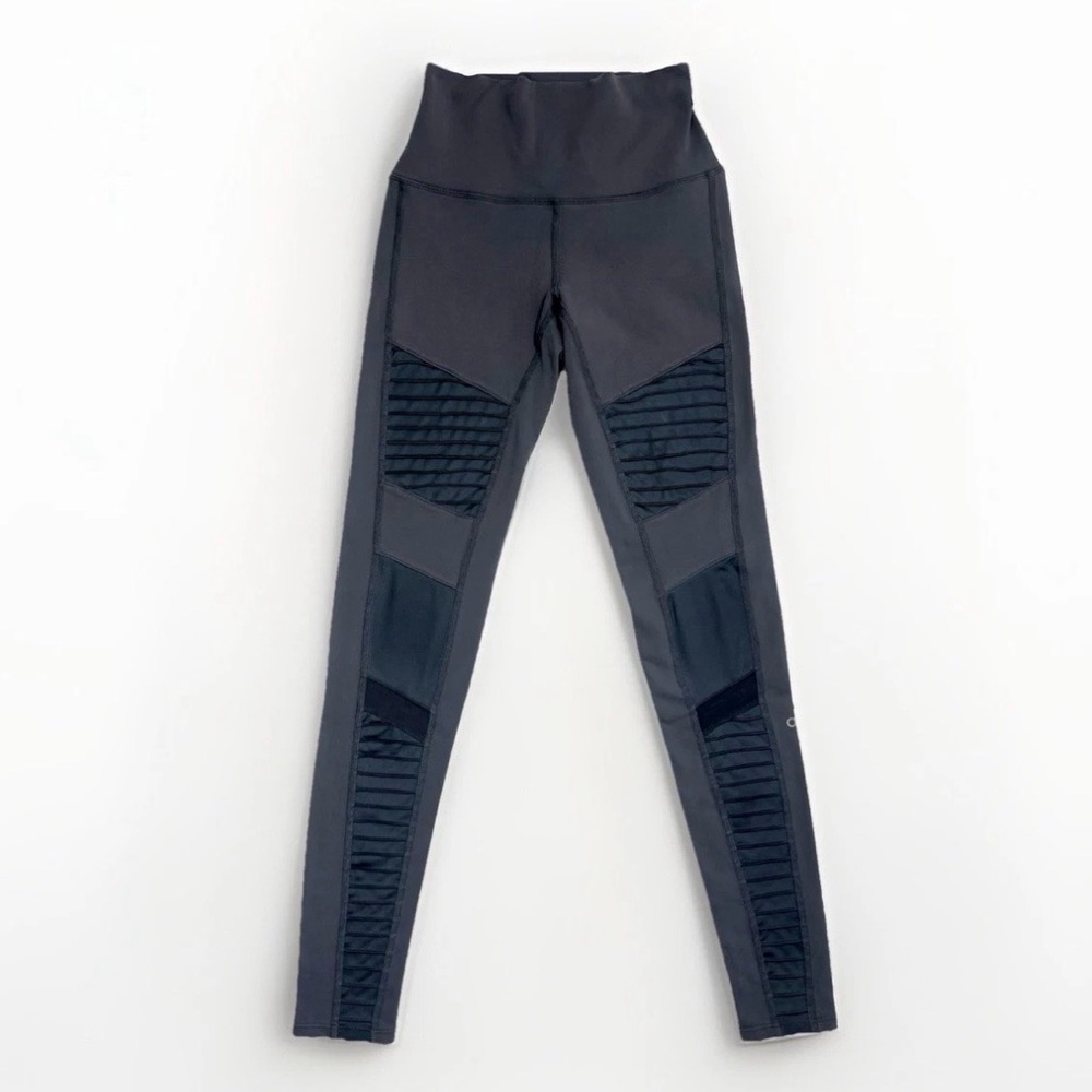 alo Leggings High Waist Moto Mixed Media Mesh Panel Gray XS 2 4 Yoga Workout